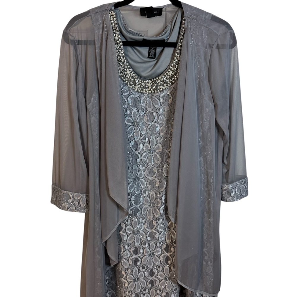 R&M Richards Gray Lace Midi Dress with Sheer Overlay